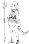  1girl :d bangs bare_legs blunt_bangs fish_tail full_body gawr_gura greyscale h2o_(ddks2923) hair_ornament highres holding holding_polearm holding_weapon hololive hololive_english hood hood_down hoodie monochrome polearm shark_girl shark_print shark_tail sharp_teeth shoes sleeves_past_wrists smile socks solo standing tail teeth upper_teeth_only weapon 