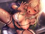  1girl asmr bangs blonde_hair blush breasts camisole cleavage clothes_pull clothing_aside covered_nipples denim denim_skirt dutch_angle ear_piercing fellatio_gesture female_pubic_hair fingernails fishnet_thighhighs fishnets green_nails gyaru hair_ornament hairclip industrial_piercing jacket jewelry large_breasts leg_tattoo long_fingernails long_hair nail_polish nanafuton navel_piercing necklace nipple_piercing nipples no_bra o-ring on_toilet one_breast_out open_clothes open_jacket open_mouth original panties panties_aside piercing pubic_hair purple_footwear purple_jacket purple_panties pussy_juice red_eyes shoes skirt skirt_pull solo squatting steam strap_slip suggestive_fluid tan tattoo thigh_strap thighhighs toilet tongue tongue_out tongue_piercing underwear water white_camisole 