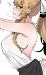  1girl alternate_costume arms_up asuna_(sao) bare_shoulders black_skirt blush breasts brown_eyes brown_hair covered_nipples from_side h2o_(ddks2923) highres implied_sex large_breasts long_hair looking_at_viewer ponytail shiny_skin shirt shirt_tucked_in sidelocks sideways_glance simple_background skirt solo sweat sword_art_online white_background white_shirt 