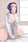  1girl absurdres bangs boku_no_hero_academia breasts cleavage collarbone commission english_commentary highres indoors koyap lady_nagant large_breasts looking_at_viewer multicolored_hair on_bed open_clothes open_shirt parted_bangs pink_hair purple_eyes purple_hair shirt short_hair sitting solo thighs two-tone_hair wariza white_shirt window 