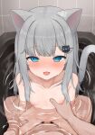  1boy 1girl :d animal_ears aqua_eyes arm_support bangs bath bathing bathroom bathtub blunt_bangs blush breast_grab breasts cat_ears cat_girl cat_tail collarbone completely_nude girl_on_top grabbing grey_hair hair_ornament hand_on_another&#039;s_chest hand_on_another&#039;s_thigh hetero highres indie_virtual_youtuber indoors long_hair looking_at_viewer mixed_bathing nachoneko navel nipples nude open_mouth penis pov pussy sex small_breasts smile solo_focus straddling tail upright_straddle vaginal virtual_youtuber wet yukamikayu 