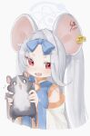  1girl absurdres animal animal_ears blue_archive blue_dress breasts china_dress chinese_clothes dress ear_tag happy highres long_hair looking_at_viewer mouse mouse_ears open_mouth red_eyes rucha_(dokkanhanabi) saya_(blue_archive) simple_background small_breasts upper_body very_long_hair white_background white_hair 