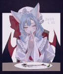  1girl absurdres animal_ears ascot bat_wings blue_hair bow cat_ears closed_eyes commentary covered_mouth dated facing_viewer fish_bone frilled_shirt_collar frills hat hat_bow highres holding katai_(nekoneko0720) kemonomimi_mode medium_hair mob_cap napkin puffy_short_sleeves puffy_sleeves red_ascot red_bow remilia_scarlet shirt short_sleeves solo touhou upper_body white_headwear white_shirt wings 