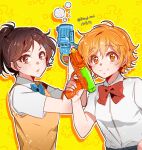  2girls blue_bow blue_bowtie bow bowtie brown_eyes brown_hair bubble commentary_request dated holding holding_water_gun katekyo_hitman_reborn! midori_middle_school_uniform miura_haru multiple_girls orange_eyes orange_hair ponytail red_bow red_bowtie sasagawa_kyouko school_uniform short_hair smile tianel_ent twitter_username water_gun yellow_background 