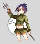  1girl belt breasts chrome_dokuro commentary_request cropped_legs dated eyepatch frown green_jacket green_skirt holding holding_polearm holding_weapon jacket katekyo_hitman_reborn! midriff miniskirt navel polearm purple_eyes purple_hair skirt small_breasts solo spear tianel_ent twitter_username v-shaped_eyebrows weapon 