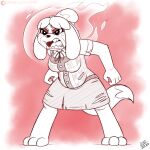  1:1 2020 angry animal_crossing anthro belly big_belly bottomwear breasts canid canine canis clothed clothing digital_media_(artwork) domestic_dog drxii female fur hair hi_res isabelle_(animal_crossing) mammal nintendo open_mouth pencil_skirt pregnant pregnant_female shih_tzu simple_background skirt solo teeth torn_clothing toy_dog 