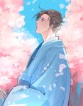  1boy bangs blue_jacket brown_hair cherry_blossoms day falling_petals fate/grand_order fate_(series) flower from_side hair_pulled_back haori highres jacket japanese_clothes katana kimono looking_up male_focus parted_lips petals pink_flower profile purple_eyes shinsengumi short_hair solo sword upper_body weapon white_kimono yamanami_keisuke_(fate) yayayakan 