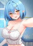  1girl absurdres alternate_hair_length alternate_hairstyle armpits blue_hair blurry blurry_background blush breasts cleavage commentary_request hair_between_eyes hair_ornament hairclip highres hololive indoors large_breasts looking_at_viewer off_shoulder open_mouth pointy_ears selfie short_hair smile solo suzutarou_gunsou upper_body yukihana_lamy 