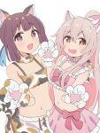  2girls :d :o ahoge animal_ears animal_hands animal_print bangs bare_arms bare_shoulders blue_hair bra breasts brown_eyes brown_hair cat_ears cat_print cat_tail choker colored_inner_hair commentary flat_chest frilled_bra frilled_choker frills fur-trimmed_shorts fur-trimmed_skirt fur_trim gloves grey_hair hair_between_eyes highres hozuki_momiji long_hair looking_at_viewer multicolored_hair multiple_girls navel official_alternate_costume onii-chan_wa_oshimai! open_mouth oyama_mahiro paw_gloves paw_pose pink_bra pink_choker pink_hair pink_skirt short_hair short_ponytail shorts simple_background skirt small_breasts smile stomach tail tetesudeesu two-tone_hair underwear wavy_mouth white_background 
