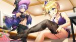  2girls adjusting_clothes adjusting_legwear bare_arms blonde_hair commentary_request dark-skinned_female dark_skin dolphin_wave fishnet_thighhighs fishnets green_eyes hat highres izumi_kiri licking_lips midriff mirror multiple_girls nail_polish official_art ootomo_takuji pants pull purple_eyes purple_hair short_shorts shorts side_ponytail sitting souma_hayate suitcase thighhighs tongue tongue_out witch_hat 