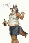  2020 alcohol anthro beer belly beverage bottomwear canid canine canis cettus clothed clothing coyote dialogue english_text fur hand_gesture holding_beverage holding_object male mammal overweight overweight_anthro overweight_male shirt shorts simple_background solo speech_bubble tan_body tan_fur tank_top text topwear walking white_background white_body white_fur 