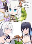  3girls bare_shoulders blush breasts chibi cleavage dodoco_(genshin_impact) embarrassed english_text highres honkai_(series) honkai_impact_3rd kiana_kaslana kiana_kaslana_(herrscher_of_finality) looking_down mark1019 multiple_girls open_mouth raiden_mei raiden_mei_(herrscher_of_origin) simple_background white_background white_hair 