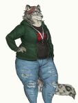  2020 anthro bottomwear cettus clothed clothing denim denim_clothing eyewear felid female fur glasses grey_body grey_fur grey_hair hair hand_on_hip hi_res highlights_(coloring) hoodie jacket jeans keychain mammal neck_ribbon pantherine pants shirt simple_background smile snow_leopard solo spots spotted_body spotted_fur standing thick_thighs topwear torn_bottomwear torn_clothing torn_pants white_background wide_hips 