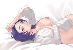  1girl absurdres bangs boku_no_hero_academia breasts collarbone commission english_commentary highres koyap lady_nagant large_breasts looking_at_viewer lying multicolored_hair navel nipples on_back on_bed one_breast_out open_clothes open_shirt parted_bangs parted_lips pink_hair purple_eyes purple_hair shirt sideways solo two-tone_hair white_shirt 