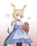  1girl antlers basket biyon black_pantyhose blonde_hair blue_skirt blush bread collared_shirt dragon_horns dragon_tail feet_out_of_frame food holding holding_basket horns kicchou_yachie kobeya_uniform open_mouth otter_spirit_(touhou) pantyhose red_eyes shirt short_hair short_sleeves skirt smile solo tail touhou turtle_shell twitter_username white_shirt yellow_horns 