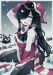  1girl aria_wintermint black_hair black_pantyhose box candy candy_cane christmas dress food frown gift gift_box gloves green_hair hair_over_one_eye hat highres long_hair looking_at_viewer mistletoe open_mouth pantyhose parororo santa_dress santa_hat scarf sitting snow solo the_crawling_city 