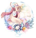  argyle bubble character_name flower full_body gen_3_pokemon kotori_(lycka) looking_at_viewer milotic no_humans pink_eyes pink_flower pokemon pokemon_(creature) scales 
