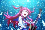  ahoge angel_beats! belt choker closed_eyes demon_tail fang guitar instrument long_hair open_mouth pink_hair school_uniform slug_(artist) solo tail two_side_up yui_(angel_beats!) 