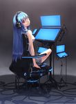  absurdres blue_hair cable chair digital_media_player drawing_tablet headphones highres long_hair looking_at_viewer looking_back monitor original red_eyes sitting solo wacom zenn 