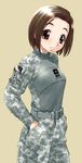  breasts brown_eyes brown_hair camouflage copyright_request covered_nipples ebifly military raglan_sleeves short_hair small_breasts solo 