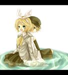  beret blonde_hair blush brother_and_sister green_eyes hairband hairpin hand_holding kagamine_len kagamine_rin letterbox open_mouth pantyhose skeleton_life_(vocaloid) skirt smile tagme vocaloid water 