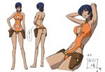  1girl ass back barefoot blue_hair breasts carmen99 carmen_99 character_sheet cleavage dark_skin female gun_x_sword gunxsword one-piece_swimsuit sideboob swimsuit swimsuits translation_request 