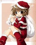  absurdres aoki_ume capelet christmas hair_ornament hidamari_sketch highres official_art red_capelet santa_costume scan solo x_hair_ornament yuno 