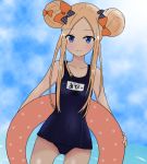  1girl abigail_williams_(fate/grand_order) atsumisu bangs bare_arms bare_shoulders black_bow blonde_hair blue_eyes blue_sky blue_swimsuit blush bow breasts closed_mouth cloud cloudy_sky collarbone commentary_request covered_navel cowboy_shot day double_bun dutch_angle eyebrows_visible_through_hair fate/grand_order fate_(series) forehead gluteal_fold hair_bow highres innertube long_hair name_tag old_school_swimsuit one-piece_swimsuit orange_bow outdoors parted_bangs polka_dot polka_dot_bow school_swimsuit side_bun sidelocks sky small_breasts smile solo swimsuit 