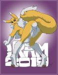  2019 anthro anus bent_over black_sclera blue_eyes breasts butt digimon digimon_(species) female fur looking_at_viewer looking_back nipples nude presenting presenting_pussy pussy rear_view renamon solo white_fur yawg yellow_fur 