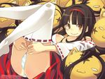  breasts breasts_outside brown_eyes brown_hair galge.com hairband hakama japanese_clothes legs_up long_hair lying medium_breasts miko nipples on_back open_clothes original panties red_hakama smile solo striped striped_panties super_zombie thighhighs tiger underwear wallpaper 