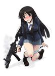  akiyama_mio black_hair blue_eyes blush commentary_request gun h&amp;k_mp5 heckler_&amp;_koch k-on! kazu long_hair panties panty_pull school_uniform solo striped striped_panties submachine_gun trigger_discipline underwear weapon 