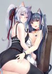  2girls :d animal_ear_fluff animal_ears bare_arms bare_shoulders bell black_dress black_hair black_ribbon breast_press breasts cat_ears cat_girl cat_tail choker cleavage closed_mouth collarbone commentary_request dress fang grey_background hair_ribbon highres irohasu jingle_bell large_breasts long_hair looking_at_viewer looking_back multicolored_hair multiple_girls open_mouth original pink_hair ponytail red_choker red_ribbon ribbon shoulder_blades sidelocks silver_hair simple_background sitting sleeveless sleeveless_dress smile spaghetti_strap strap_gap streaked_hair symmetrical_docking tail two_side_up v-shaped_eyebrows white_dress white_ribbon wrist_ribbon 