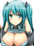  aqua_eyes aqua_hair bare_shoulders bra breasts cleavage detached_sleeves hatsune_miku large_breasts lingerie long_hair simple_background smile solo strap_pull striped striped_bra twintails underwear upper_body vocaloid wakame 