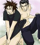  2boys barefoot black_hair bottomless brown_hair forced lowres male male_focus multiple_boys rurouni_kenshin sagara_sanosuke saitou_hajime struggle struggling topless undressing yaoi 