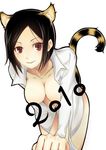  2010 animal_ears animal_print bad_id bad_pixiv_id black_hair bottomless breasts buriteri cleavage collarbone copyright_request large_breasts leaning_forward looking_at_viewer naked_shirt new_year open_clothes open_shirt red_eyes shirt short_hair simple_background smile solo tail tiger_ears tiger_print white_background 