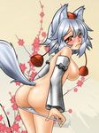  animal_ears ass blush breasts detached_sleeves five-seven frown hat inubashiri_momiji looking_back medium_breasts panties panty_pull red_eyes short_hair silver_hair solo tail tokin_hat touhou underwear undressing wolf_ears wolf_tail 