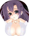  blush breast_mousepad breast_press breasts cleavage frapowa ginga_nakajima green_eyes large_breasts long_hair lyrical_nanoha mahou_shoujo_lyrical_nanoha_strikers mousepad open_clothes open_shirt purple_hair shirt solo 