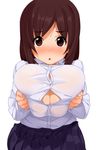  blush breast_squeeze breasts brown_hair button_gap cleavage huge_breasts kaisen_chuui looking_at_viewer open_mouth original pleated_skirt simple_background skirt solo white_background 