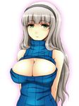  bare_shoulders breasts cleavage cleavage_cutout green_eyes grey_hair hairband idolmaster idolmaster_(classic) large_breasts shijou_takane simple_background smile solo turtleneck wakame 