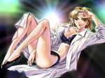  akagi_ritsuko blonde_hair bra breasts jpeg_artifacts labcoat lace lace-trimmed_bra lace-trimmed_panties lingerie medium_breasts mole mole_under_eye navel neon_genesis_evangelion nipple_slip nipples no_legwear panties short_hair solo underwear utatane_hiroyuki 