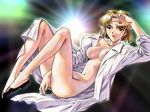  akagi_ritsuko blonde_hair collarbone collared_shirt duplicate full_body jpeg_artifacts long_sleeves looking_at_viewer mole mole_under_eye neon_genesis_evangelion no_bra no_legwear open_clothes open_shirt shirt short_hair solo utatane_hiroyuki 