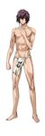 1boy abs barefoot blue_eyes brown_hair fundoshi loincloth looking_at_viewer male male_focus muscle q_azieru simple_background solo standing white_background 