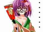  1girl bare_shoulders blush breasts cleavage collarbone facepaint flower hagoita hair_ornament hanetsuki hieda_no_akyuu japanese_clothes medium_breasts new_year off_shoulder open_mouth paddle purple_eyes purple_hair ribbon short_hair simple_background solo tiger touhou tsuzuri_(tuzuri) 