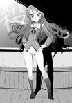  bangs blazer blush buttons chalkboard embarrassed flat_chest frown greyscale groin hair_ornament hairclip hands_on_hips hyocorou indoors jacket kneehighs kousaka_kirino long_hair looking_at_viewer lowleg lowleg_panties monochrome necktie no_pants ore_no_imouto_ga_konna_ni_kawaii_wake_ga_nai panties parted_bangs ribbon school_uniform serafuku shadow socks solo standing swept_bangs underwear very_long_hair wavy_hair 