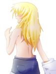  blonde_hair blush from_behind hidamari_sketch long_hair miyako open_mouth shishinon simple_background solo topless undressing white_background 