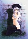 bad_id bad_pixiv_id breasts brown_eyes caren_hortensia covering fate/hollow_ataraxia fate/stay_night fate_(series) hat kneeling long_hair medium_breasts nude shoes solo thighhighs uro-g white_hair 