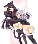  allen_walker animal_ears black_hair blue_eyes cat_ears cat_tail d.gray-man genderswap genderswap_(mtf) gloves groin kanda_yuu long_hair lying multiple_girls navel open_mouth panties red_eyes sagami_rin short_hair side-tie_panties silver_hair striped striped_panties tail thighhighs underwear 