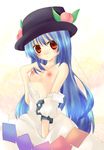  bare_shoulders blue_hair blush breasts food fruit hat hinanawi_tenshi long_hair nipples open_clothes peach red_eyes small_breasts solo touhou undressing 