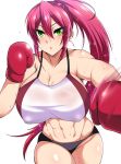  1girl abs bare_shoulders boxing_gloves breasts cleavage erect_nipples green_eyes huge_breasts long_hair looking_at_viewer megane_man midriff navel original ponytail punching red_hair simple_background solo sweat tank_top white_background 