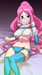  arabian_clothes areolae arm_support bare_shoulders battle_spirits battle_spirits:_shounen_gekiha_dan bed blue_legwear blush breasts detached_sleeves harem_outfit highres hikage_eiji large_breasts long_hair magisa midriff navel no_bra open_mouth pink_hair see-through sitting solo strapless sweat thighhighs tubetop underboob veil very_long_hair yellow_eyes zettai_ryouiki 